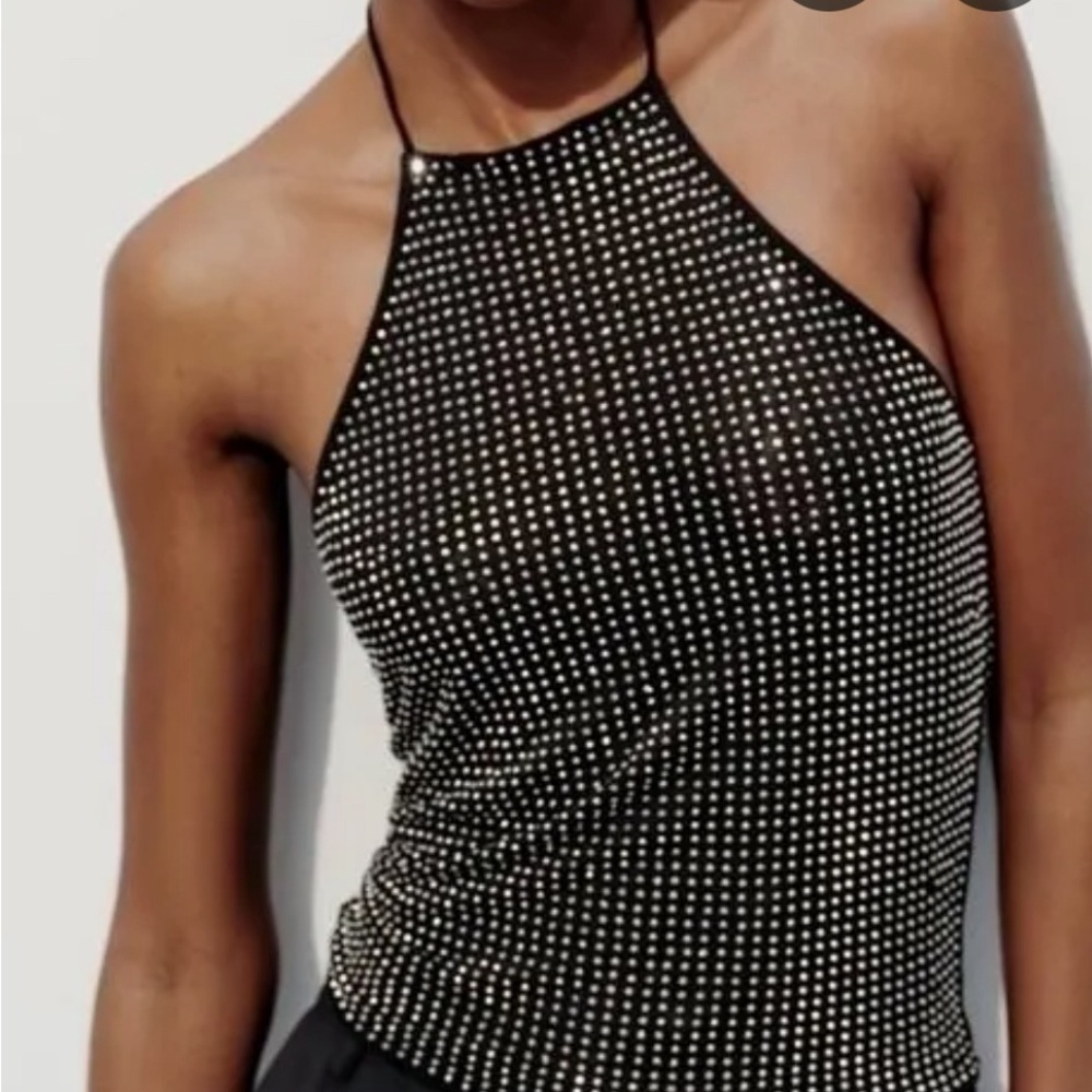 ZARA RHINESTONE TULLE HALTER TOP BLACK. SIZE M